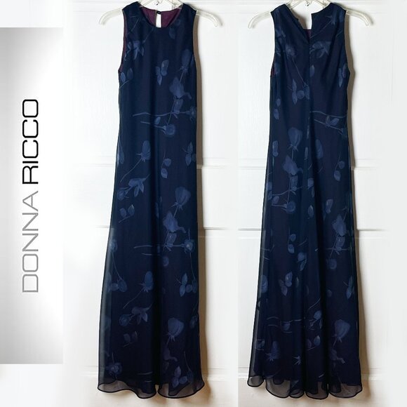 Vintage Donna Ricco Dark Blue Sundress | Abstract Floral Pattern | Size 4 - Picture 1 of 8